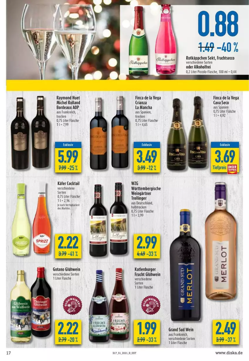 Aktueller Prospekt Diska - Prospekte - von 20.12 bis 24.12.2021 - strona 17 - produkty: alkohol, burger, cocktail, ecco, eis, flasche, frucht, fruchtsecco, Glühwein, grand sud, käfer, katlenburger, Ria, sekt, tee, trolli, trollinger, wein