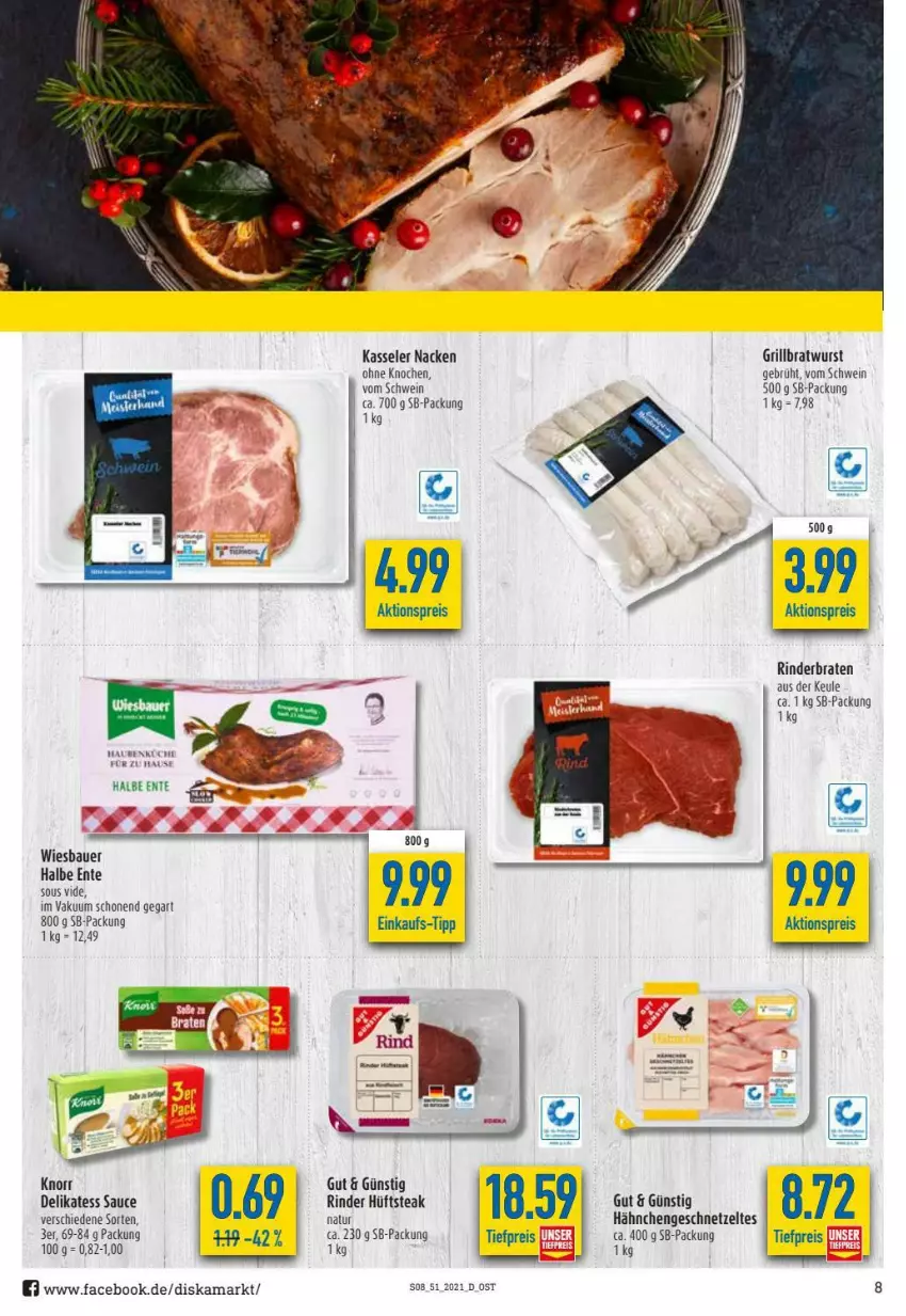 Aktueller Prospekt Diska - Prospekte - von 20.12 bis 24.12.2021 - strona 8 - produkty: aktionspreis, auer, Bau, Bauer, braten, bratwurst, delikatess sauce, eis, ente, geschnetzeltes, grill, grillbratwurst, Hähnchengeschnetzeltes, hüftsteak, kasseler, knorr, natur, reis, rind, rinder, rinderbraten, sauce, schwein, steak, tee, Ti, tiefpreis, wein, wiesbauer, wurst, Zelt