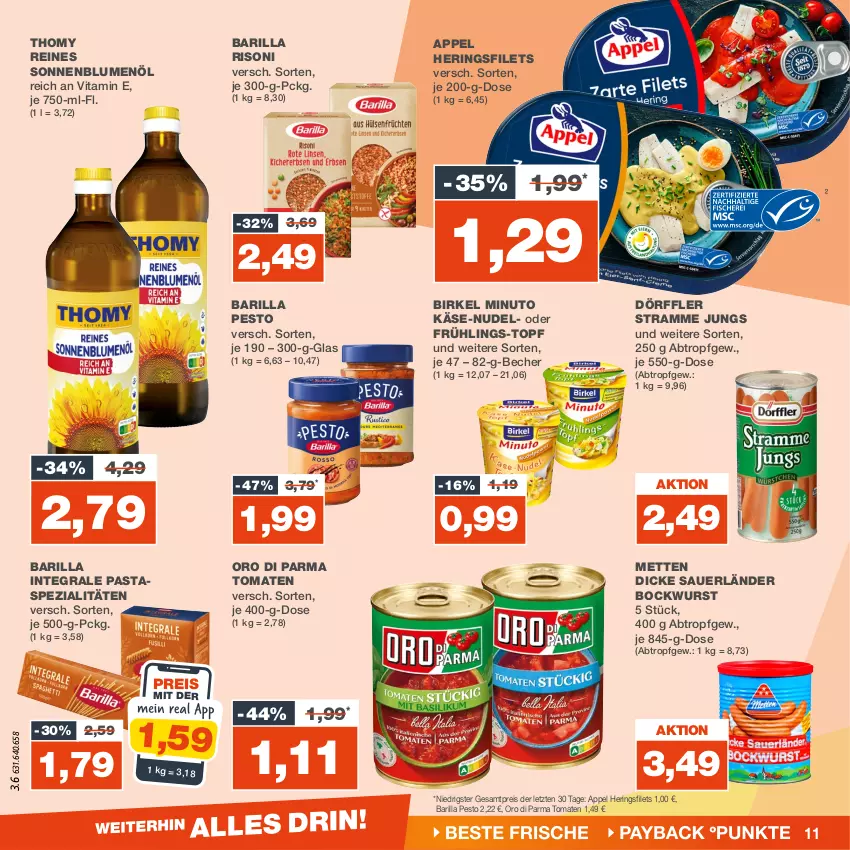 Aktueller Prospekt Real - von 15.01 bis 20.01.2024 - strona 11 - produkty: auer, barilla, Becher, birkel, blume, blumen, blumenöl, bockwurst, Dicke Sauerländer Bockwurst, eis, filet, filets, hering, Herings, heringsfilets, Käse, Mett, metten, nudel, oro di parma, pasta, pesto, reis, ring, sonnenblume, sonnenblumen, sonnenblumenöl, Spezi, thomy, Ti, tomate, tomaten, topf, vita, wurst, ZTE