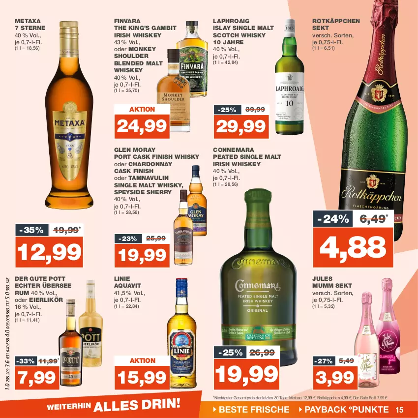 Aktueller Prospekt Real - von 15.01 bis 20.01.2024 - strona 15 - produkty: aqua, aquavit, chardonnay, eier, eierlikör, eis, Finish, irish whiskey, islay single malt, jules mumm, laphroaig, likör, Metaxa, mumm, reis, rotkäppchen, rum, scotch, scotch whisky, sekt, single malt, Ti, whiskey, whisky, ZTE