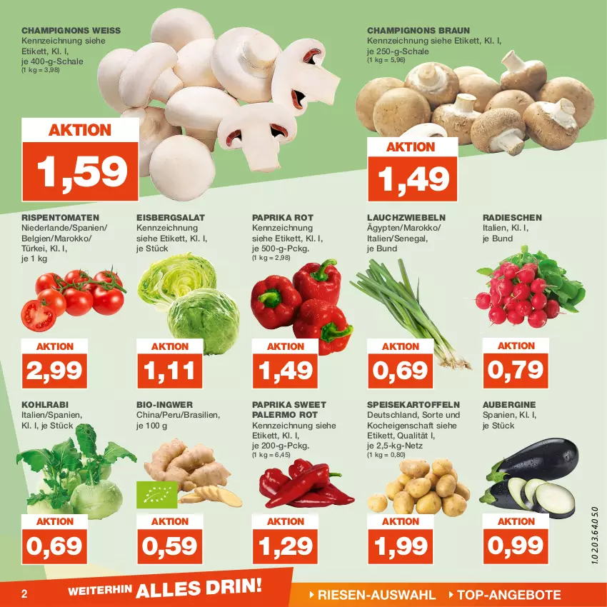 Aktueller Prospekt Real - von 15.01 bis 20.01.2024 - strona 2 - produkty: aubergine, bio, braun, champignon, champignons, champignons braun, eis, eisbergsalat, gin, ingwer, kartoffel, kartoffeln, kohlrabi, Lauchzwiebel, lauchzwiebeln, LG, paprika, paprika rot, radieschen, rispentomaten, salat, Schal, Schale, speisekartoffeln, Ti, tomate, tomaten, zwiebel, zwiebeln