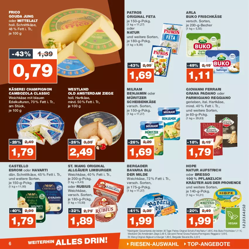 Aktueller Prospekt Real - von 15.01 bis 20.01.2024 - strona 6 - produkty: arla, arla buko, aufstrich, bavaria blu, Becher, bergader, bresso, Buko, burger, cambozola, champignon, eis, esrom, feta, frico, frischkäse, gin, gouda, gouda jung, grana, grana padano, hartkäse, Käse, kräuter, LG, Limburger, milram, natur, Old Amsterdam, padano, parmigiano, parmigiano reggiano, patros, Rana, reggiano, reis, Ria, Rubius, schnittkäse, St. Mang, Ti, weichkäse, ZTE