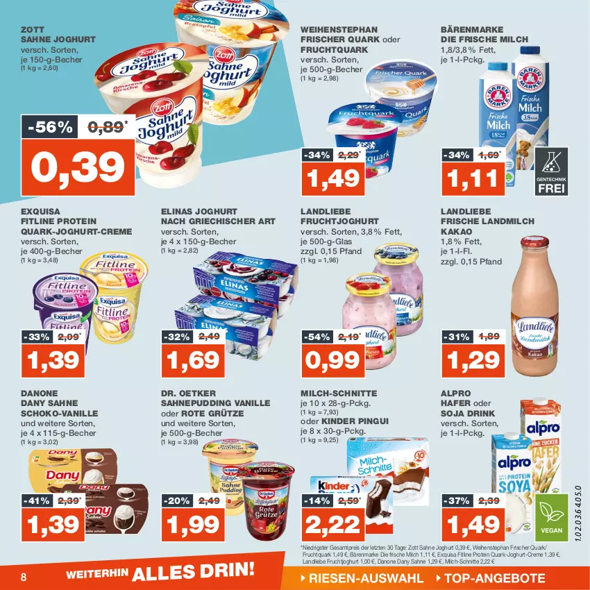 Aktueller Prospekt Real - von 15.01 bis 20.01.2024 - strona 8 - produkty: alpro, bärenmarke, Becher, creme, danone, Dany, dany sahne, Dr. Oetker, drink, eis, elinas, elinas joghurt, exquisa, fitline, frische milch, frucht, fruchtjoghurt, Fruchtquark, grütze, hafer, joghur, joghurt, joghurt nach, kakao, Kinder, kinder pingui, landliebe, landmilch, milch, milch-schnitte, pingui, pudding, quark, reis, Rote Grütze, sahne, sahne joghurt, schoko, soja, vanille, weihenstephan, zott, ZTE