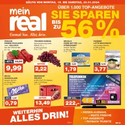 Gazetka promocyjna Real - Gazetka - ważna od 20.01 do 20.01.2024 - strona 1 - produkty: ACC, angebot, angebote, butter, chia, dvb, DVB-T, eis, gulasch, HDMI, latte, latte macchiato, mac, macchiato, meggle, milka, milka schokolade, Receiver, reis, reiss, rind, rinder, rinder-rouladen, rouladen, rum, Schal, Schale, schoko, schokolade, sim, Spektrum, ssd, Streichzart, tassimo, Ti, top-angebot, trauben, uhd, usb, ZTE