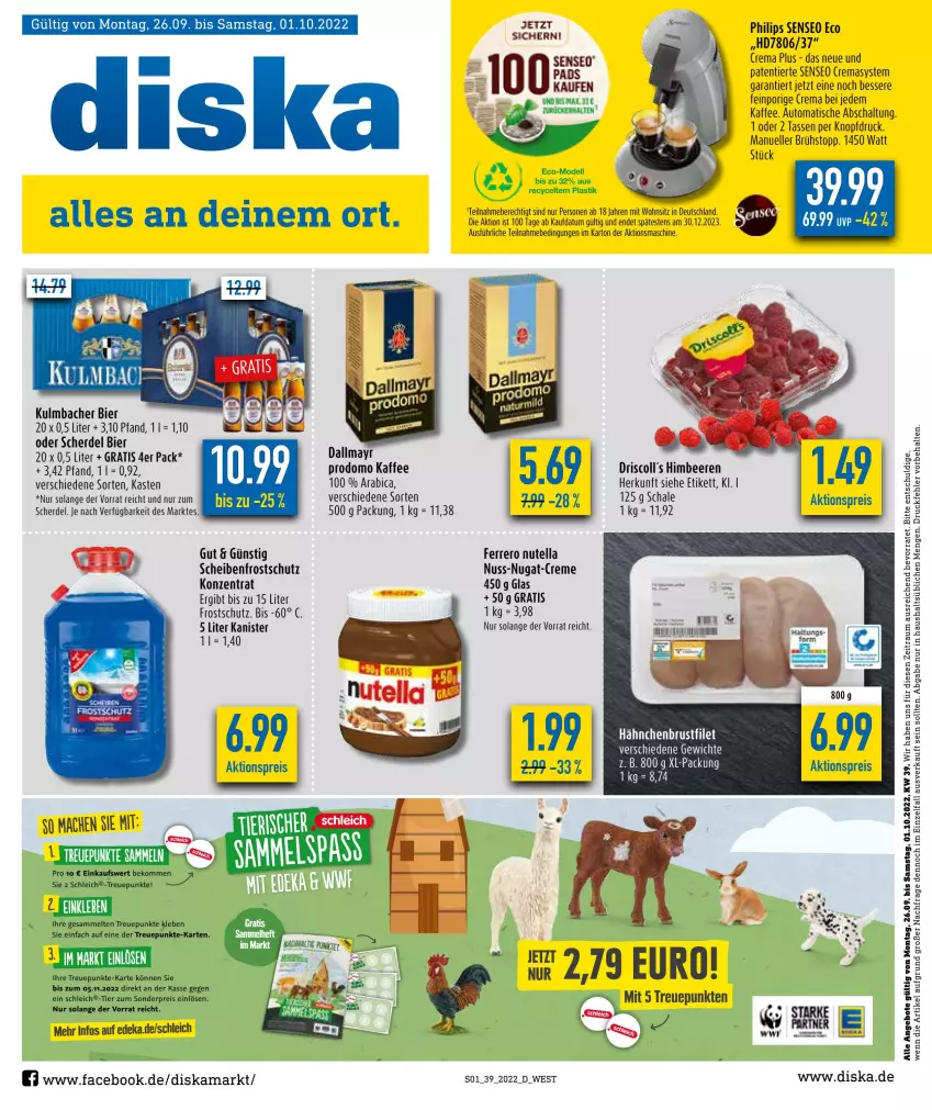 Aktueller Prospekt Diska - Prospekte - von 26.09 bis 01.10.2022 - strona 1 - produkty: aktionspreis, angebot, angebote, asti, auto, beere, beeren, bier, creme, driscoll's, eis, elle, erde, ferrero, himbeer, himbeere, himbeeren, kaffee, malz, nuss, nuss-nugat-creme, nutella, Philips, prodomo, reis, Schal, Schale, Scheibenfrostschutz, Schleich, senseo, tasse, Ti, tisch