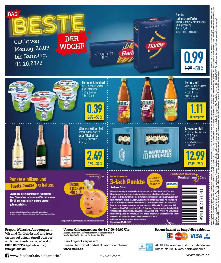 Aktueller Prospekt Diska - Prospekte - von 26.09 bis 01.10.2022 - strona 12 - produkty: alkohol, almighur, almighurt, angebot, angebote, Astra, brillant sekt, buch, coupon, deka, eis, ente, erde, guthabenkarte, gutschein, italienische pasta, kraft, LG, pasta, ring, sac, sekt, söhnlein, söhnlein brillant, Tchibo, tee, telefon, Ti, uhr, Yo