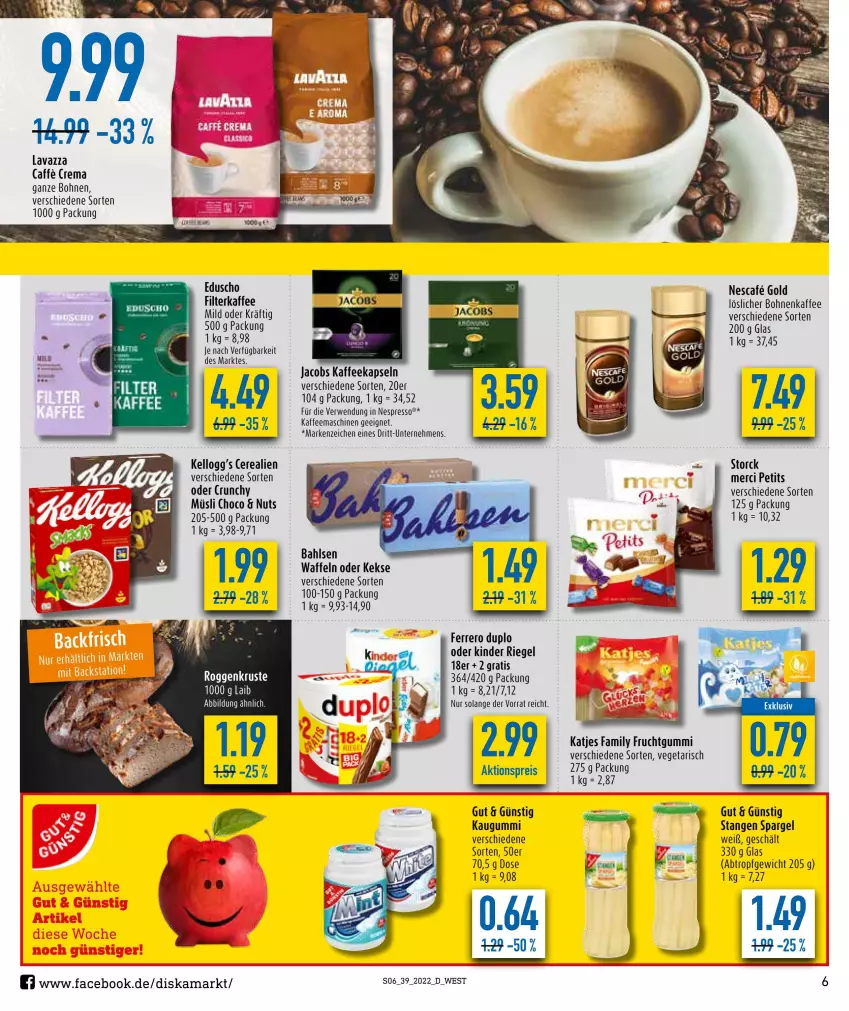 Aktueller Prospekt Diska - Prospekte - von 26.09 bis 01.10.2022 - strona 6 - produkty: aktionspreis, bahlsen, bio, bohne, bohnen, bohnenkaffee, cerealien, duplo, eduscho, eis, espresso, ferrero, filterkaffee, frucht, fruchtgummi, jacobs, kaffee, kaffeekapseln, kaffeemaschine, katjes, kaugummi, keks, kekse, Kinder, kinder riegel, merci, müsli, nescafe, nespresso, reis, riegel, rwe, spargel, storck, Ti, Vegeta, waffeln