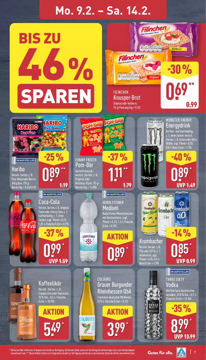 Aktueller Prospekt Aldi Nord - Von Montag - von 09.02 bis 14.02.2026 - strona 10 - produkty: alkohol, Alwa, auer, ball, beutel, brot, burgunder, Cap, cappuccino, cin, coca-cola, cola, drink, elle, espresso, flasche, funny-frisch, gerolsteine, gerolsteiner, gin, grauer burgunder, haribo, kaffee, kartoffel, ketchup, korn, krombache, krombacher, likör, mineralwasser, monster, Monster Energy, natürliches mineralwasser, oder espresso, pils, pom-bär, snack, steiner, teller, Three Sixty, Ti, vodka, wasser, wein, ZTE, zucker