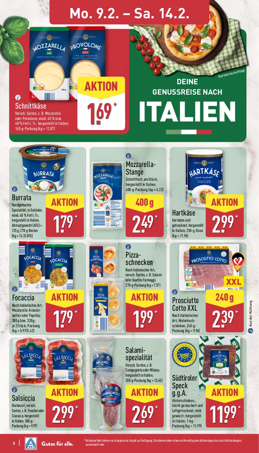 Aktueller Prospekt Aldi Nord - Von Montag - von 09.02 bis 14.02.2026 - strona 11 - produkty: ACC, Becher, bratwurst, Burrata, butter, eis, fenchel, Focaccia, gewürz, gin, hartkäse, hinterschinken, Käse, kräuter, mac, maggi, mozzarella, nuss, paprika, pizza, prosciutto, prosciutto cotto, Provolone, reis, rel, salami, salsiccia, salz, schinken, schnittkäse, Speck, Spezi, südtiroler, Ti, wurst, ZTE