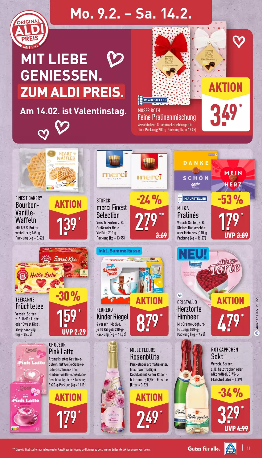 Aktueller Prospekt Aldi Nord - Von Montag - von 09.02 bis 14.02.2026 - strona 14 - produkty: aldi, alkohol, aus der tiefkühlung, Blüte, bourbon, butter, cocktail, creme, eis, elle, ferrero, flasche, frucht, früchte, Früchtetee, getränk, getränke, himbeer, joghur, joghurt, Kinder, kinder riegel, latte, leine, mac, merci, milka, moser, Moser Roth, pralinen, reis, riegel, rosen, rotkäppchen, schoko, schokolade, sekt, storck, tasse, tee, teekanne, teller, Ti, torte, vanille, waffeln, wein, ZTE