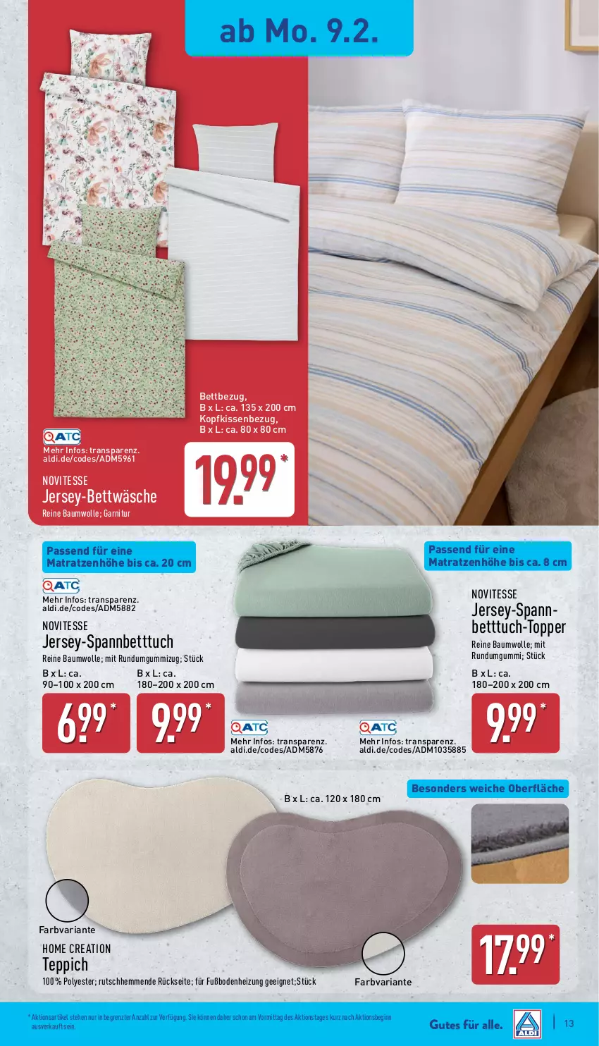 Aktueller Prospekt Aldi Nord - Von Montag - von 09.02 bis 14.02.2026 - strona 16 - produkty: aldi, Bau, baumwolle, bett, Betttuch, bettwäsche, garnitur, gin, jersey-bettwäsche, jersey-spannbetttuch, kissen, Kissenbezug, kopfkissen, kopfkissenbezug, matratze, matratzen, reine baumwolle, Ria, spannbetttuch, teppich, Ti, topper, tuc, wolle, ZTE