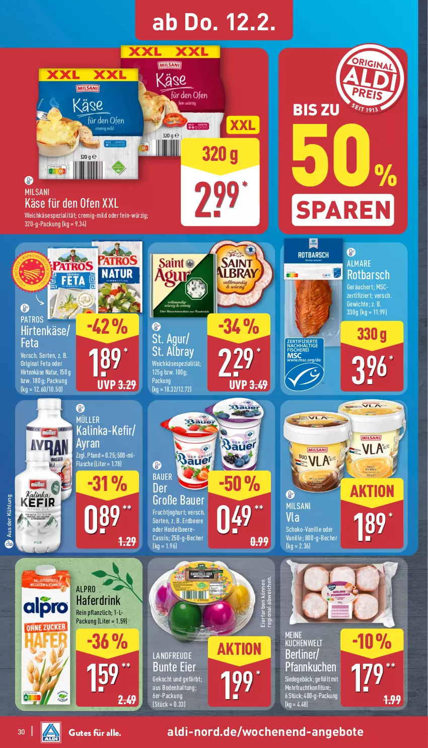 Aktueller Prospekt Aldi Nord - Von Montag - von 09.02 bis 14.02.2026 - strona 33 - produkty: albray, aldi, almare, alpro, angebot, angebote, auer, Ayran, Bau, Bauer, Becher, beere, berliner, cassis, drink, eier, erdbeere, feta, flasche, frucht, fruchtjoghurt, gin, hafer, Haferdrink, heidelbeere, hirtenkäse, joghur, joghurt, Käse, Kefir, konfitüre, kuchen, Müller, natur, Ofen, patros, Pfannkuchen, Rotbarsch, schoko, Spezi, St. Albray, Ti, vanille, weichkäse