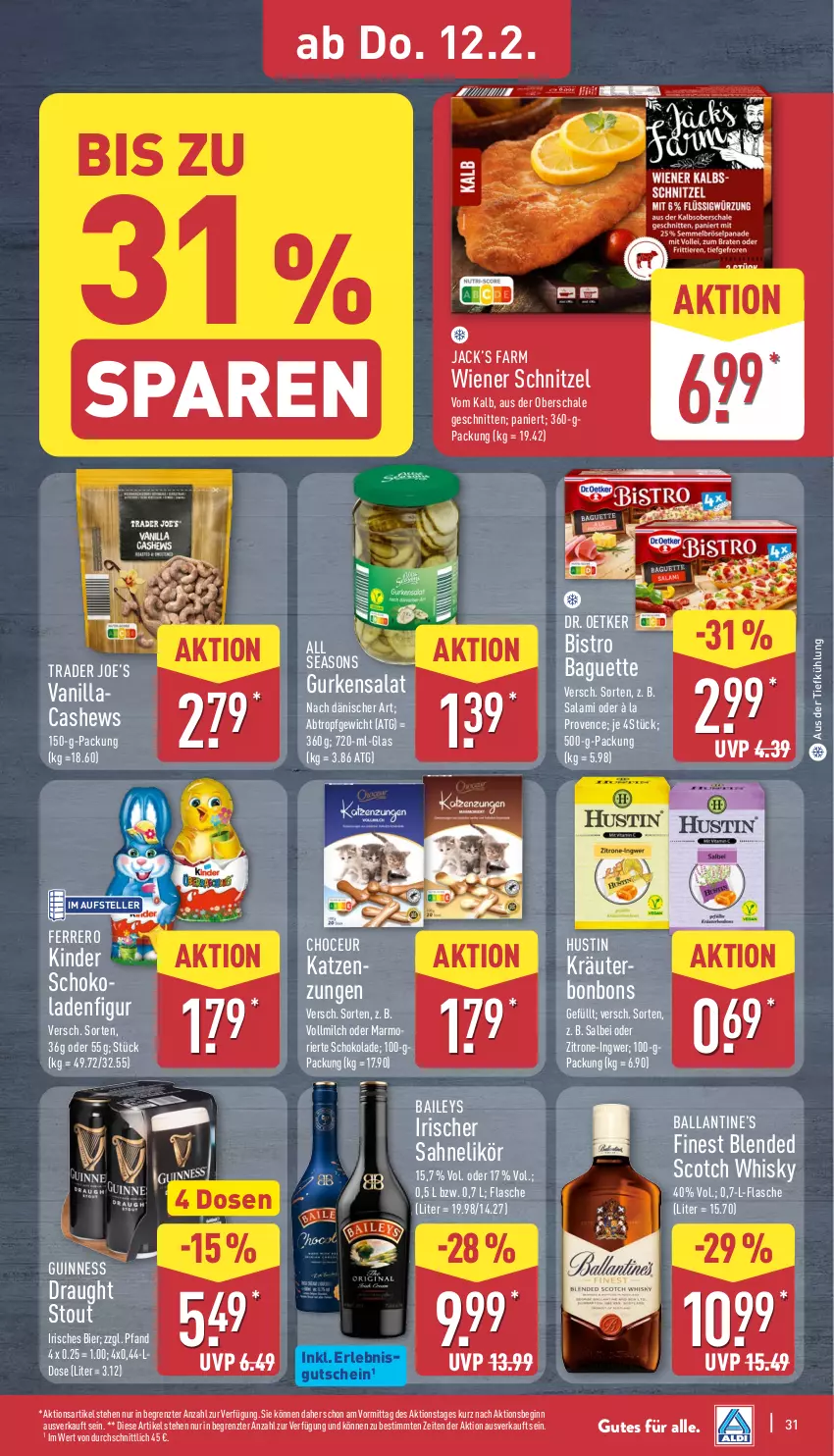 Aktueller Prospekt Aldi Nord - Von Montag - von 09.02 bis 14.02.2026 - strona 34 - produkty: aus der tiefkühlung, baguette, baileys, ball, bier, Bistro Baguette, blended scotch, blended scotch whisky, bonbons, Cashew, Dr. Oetker, elle, ferrero, flasche, gin, Guinness, gurke, gurken, gurkensalat, gutschein, ingwer, Kinder, kräuter, likör, milch, sahne, salami, salat, Schal, Schale, schnitten, schoko, scotch, scotch whisky, teller, Ti, vollmilch, whisky, wiener, zitrone, ZTE