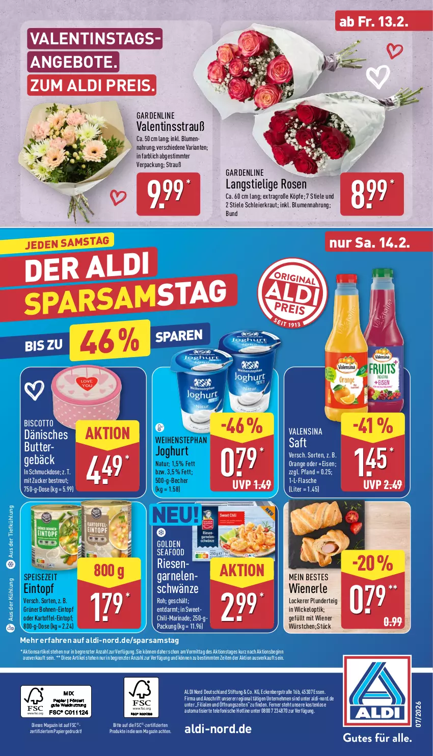 Aktueller Prospekt Aldi Nord - Von Montag - von 09.02 bis 14.02.2026 - strona 35 - produkty: aldi, angebot, angebote, aus der tiefkühlung, auto, Becher, biscotto, blume, blumen, bohne, bohnen, butter, chili, eier, eintopf, eis, flasche, garnelen, gin, joghur, joghurt, kartoffel, Kraut, magazin, marinade, natur, orange, papier, Plunder, reis, Ria, riesengarnelen, rosen, saft, Schmuck, telefon, Ti, topf, valensina, WICK, wiener, wiener würstchen, würstchen, ZTE, zucker