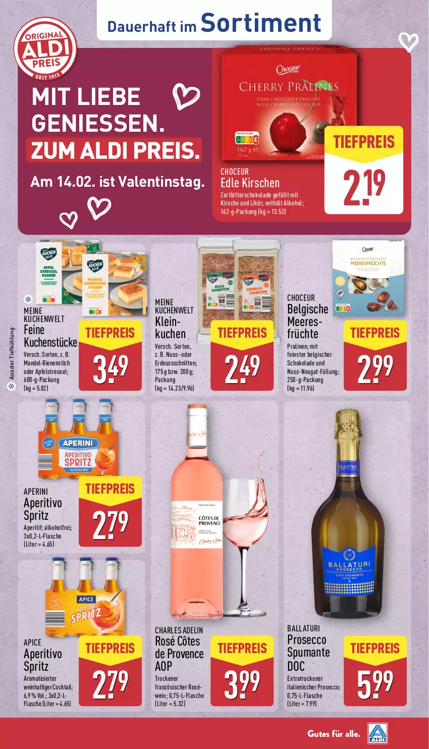 Aktueller Prospekt Aldi Nord - Von Montag - von 09.02 bis 14.02.2026 - strona 36 - produkty: aldi, alkohol, aperitif, apfel, auer, aus der tiefkühlung, ball, cocktail, Côtes de Provence, ecco, eis, flasche, früchte, kirsch, kirsche, kirschen, kuchen, LG, likör, mandel, nuss, pralinen, prosecco, puma, reis, schnitten, schoko, schokolade, spumante, Ti, tiefpreis, wein, Zartbitterschokolade