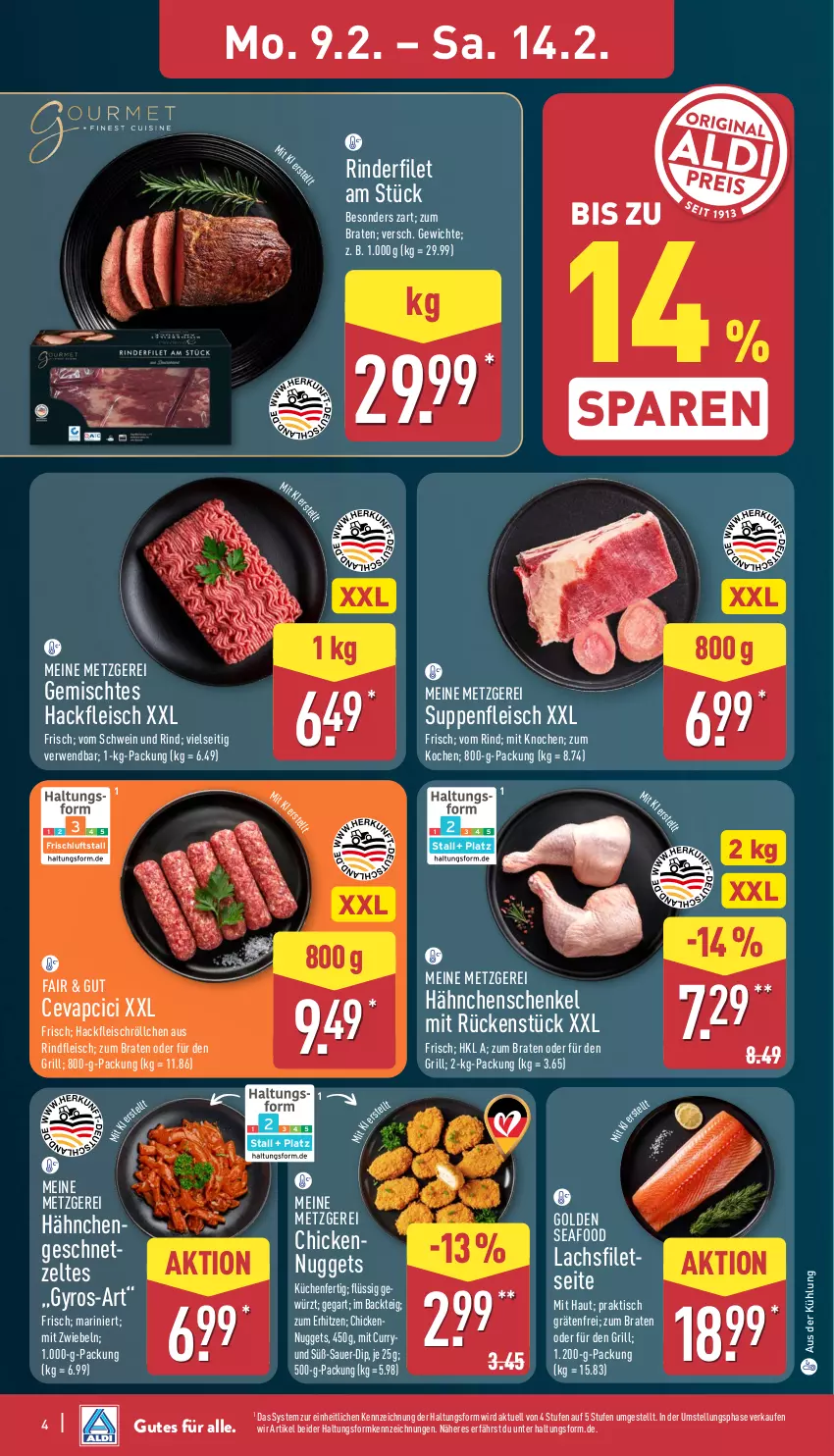Aktueller Prospekt Aldi Nord - Von Montag - von 09.02 bis 14.02.2026 - strona 4 - produkty: auer, bio, braten, cevapcici, curry, dip, eis, filet, filets, fleisch, geschnetzeltes, grill, gyros, hackfleisch, Hähnchengeschnetzeltes, hähnchenschenkel, henkel, küche, Küchen, lachs, lachsfilet, lachsfilets, mit zwiebeln, nuggets, rind, rinder, rinderfilet, rindfleisch, rwe, schenkel, schwein, schwein und rind, suppe, suppen, suppenfleisch, Ti, tisch, vom schwein und rind, wein, Zelt, zwiebel, zwiebeln