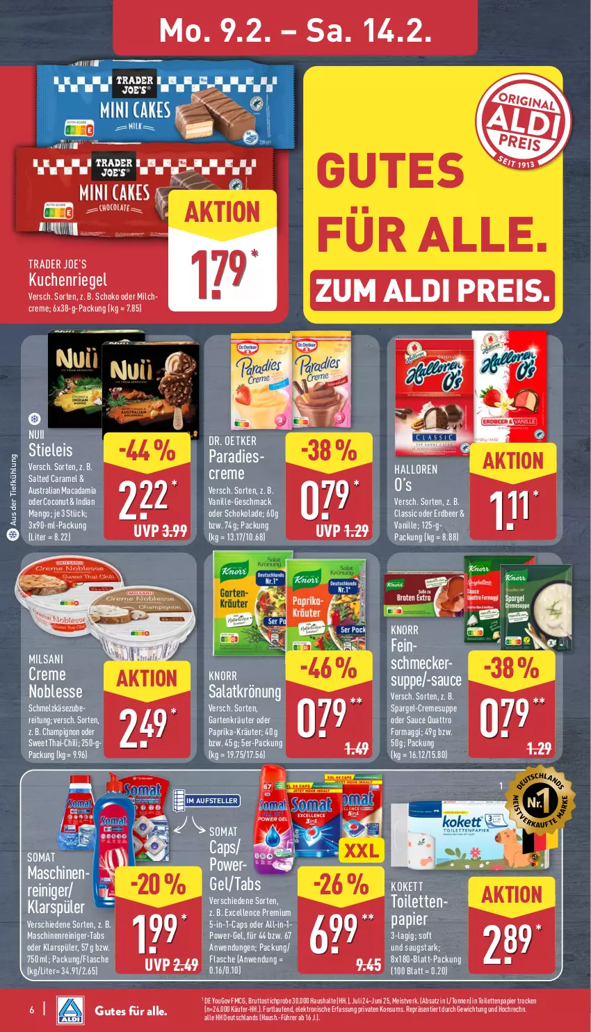 Aktueller Prospekt Aldi Nord - Von Montag - von 09.02 bis 14.02.2026 - strona 9 - produkty: aldi, aus der tiefkühlung, aust, brut, Cap, caramel, champignon, chili, coconut, creme, cremesuppe, Dr. Oetker, eis, Elektro, elle, flasche, Garten, HP, Käse, klarspüler, knorr, kräuter, kuchen, Laufen, mac, macadamia, maggi, mango, maschinenreiniger, milch, nuii, papier, paprika, power-gel, reiniger, reis, riegel, salat, salatkrönung, sauce, Schmelzkäse, schoko, schokolade, somat, spargel, stieleis, suppe, teller, Ti, toilettenpapier, vanille, Yo