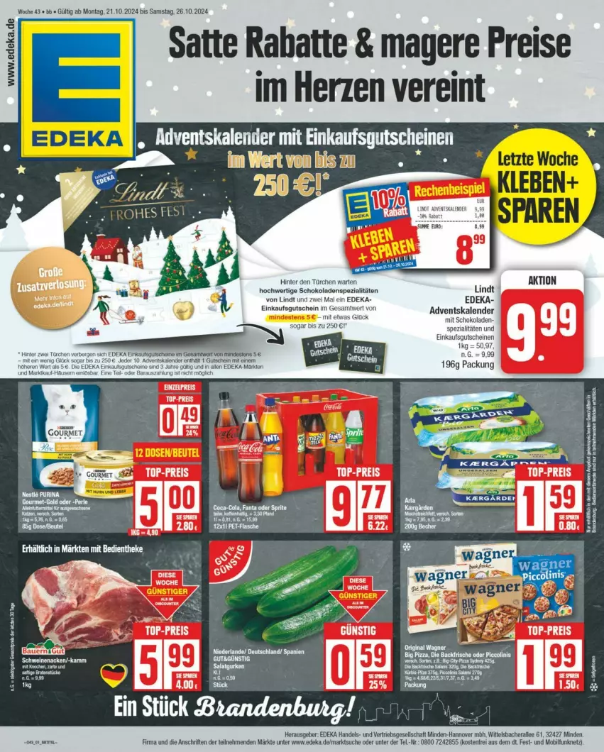 Aktueller Prospekt Edeka - Prospekte - von 19.10 bis 26.10.2024 - strona 1 - produkty: Adventskalender, deka, eis, gutschein, gutscheine, lindt, reis, schoko, schokolade, schokoladen, schwein, schweine, schweinenacken, Spezi, Ti, top-preis, wein, weine