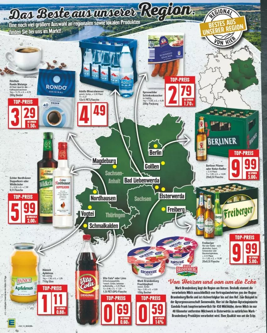 Aktueller Prospekt Edeka - Prospekte - von 19.10 bis 26.10.2024 - strona 14 - produkty: Alwa, apfel, apfelmus, Becher, berliner, bier, cola, dell, dip, doppelkorn, eis, fisch, fische, flasche, knacker, korn, kräuter, LG, milch, mineralwasser, natur, pet-flasche, pils, pilsner, radler, ring, rwe, schinken, spreewälder, wasser