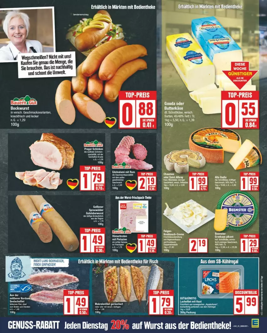 Aktueller Prospekt Edeka - Prospekte - von 19.10 bis 26.10.2024 - strona 7 - produkty: auer, Bau, Bauer, bockwurst, braten, dell, eis, ente, gouda, Käse, Rauch, reis, schnittkäse, Ti, top-preis, wurst