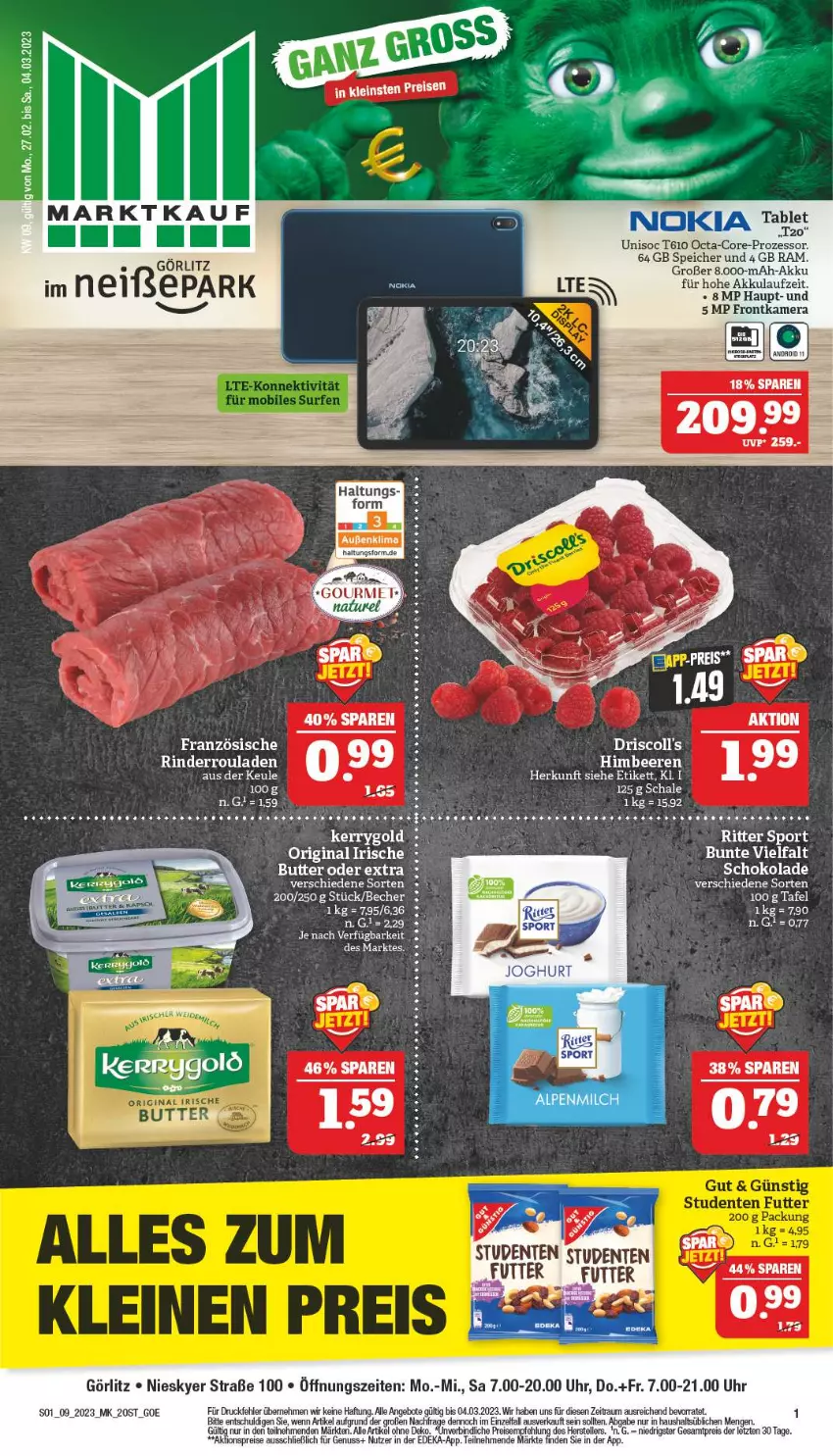 Aktueller Prospekt Marktkauf - Prospekt - von 26.02 bis 04.03.2023 - strona 1 - produkty: akku, aktionspreis, angebot, angebote, Becher, butter, deka, driscoll's, eier, eis, elle, ente, frontkamera, kamera, kerrygold, nuss, reis, rind, rinder, Rinderroulade, rinderrouladen, rouladen, schoko, schokolade, teller, Ti, uhr, ZTE