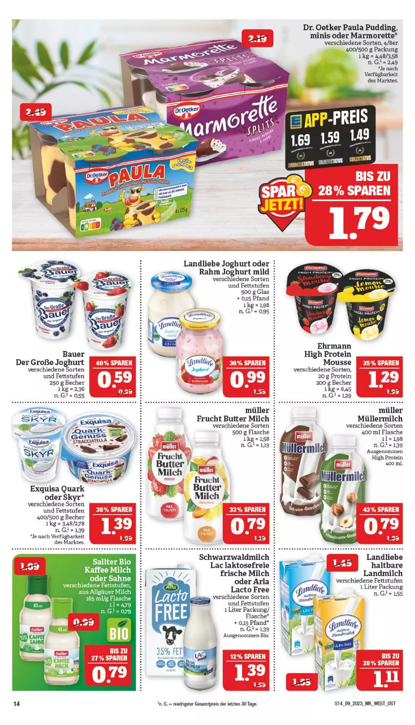 Aktueller Prospekt Marktkauf - Prospekt - von 26.02 bis 04.03.2023 - strona 14 - produkty: arla, auer, Bau, Bauer, Becher, bio, butter, Dr. Oetker, ehrmann, eis, exquisa, flasche, frische milch, frucht, joghur, joghurt, joghurt mild, landliebe, landliebe joghurt, landmilch, LG, marmorette, milch, mousse, Müller, müllermilch, Paula, paula pudding, pudding, quark, reis, Skyr, ZTE