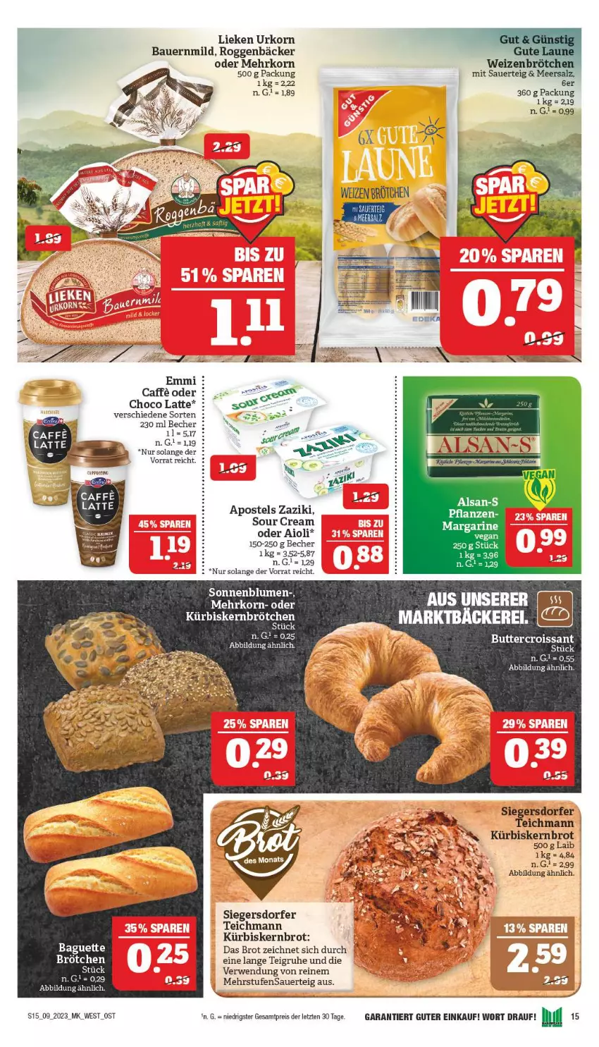 Aktueller Prospekt Marktkauf - Prospekt - von 26.02 bis 04.03.2023 - strona 15 - produkty: aioli, apostels, auer, baguette, Bau, Bauer, Becher, blume, blumen, brot, deka, eis, emmi, korn, Kürbis, latte, LG, lieken, meersalz, reis, rel, rwe, salz, sonnenblume, sonnenblumen, sour cream, tee, Ti, urkorn, zaziki, ZTE