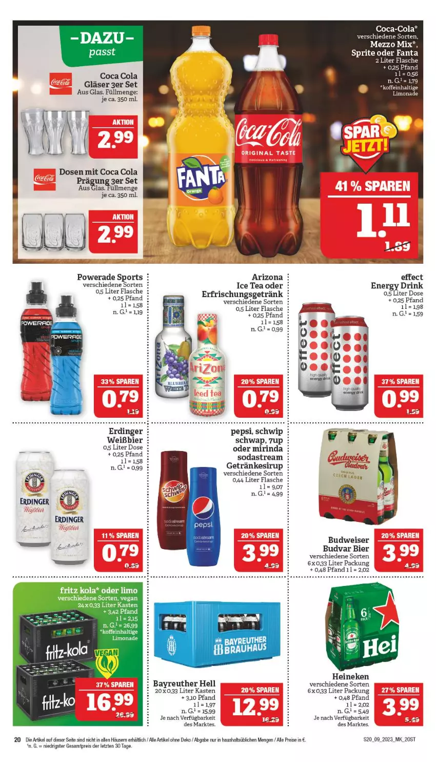 Aktueller Prospekt Marktkauf - Prospekt - von 26.02 bis 04.03.2023 - strona 20 - produkty: 7UP, bier, budweiser, coca-cola, cola, drink, Effect, eis, energy drink, erdinger, erfrischungsgetränk, fanta, flasche, fritz, getränk, getränke, getränkesirup, Gläser, heineken, ice tea, limo, limonade, merl, Mezzo Mix, Mirinda, pepsi, reis, rind, sirup, Soda, sodastream, Sport, sprite, tee, Ti, ZTE