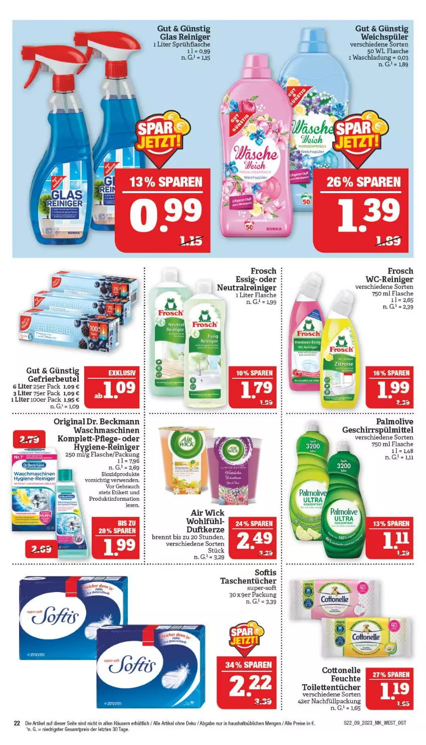 Aktueller Prospekt Marktkauf - Prospekt - von 26.02 bis 04.03.2023 - strona 22 - produkty: Air Wick, beutel, bio, biozidprodukte, cottonelle, Dr. Beckmann, eis, elle, essig, flasche, Frosch, gefrierbeutel, geschirr, geschirrspülmittel, gin, hygiene-reiniger, kerze, olive, palmolive, Rauch, reiniger, reis, rwe, sprühflasche, spülmittel, Tasche, taschen, taschentücher, Ti, toilettentücher, tücher, waschmaschine, waschmaschinen, wc-reiniger, weichspüler, WICK, ZTE