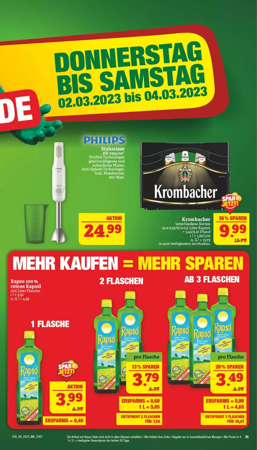 Aktueller Prospekt Marktkauf - Prospekt - von 26.02 bis 04.03.2023 - strona 39 - produkty: Becher, eis, elle, flasche, krombache, krombacher, Messbecher, rapso, rapsöl, reines rapsöl, reis, Ti, ZTE