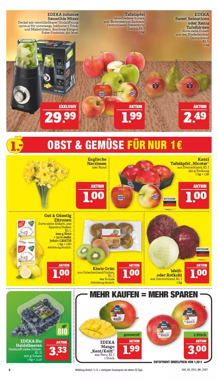 Aktueller Prospekt Marktkauf - Prospekt - von 26.02 bis 04.03.2023 - strona 8 - produkty: Behälter, bio, Birnen, decke, Deckel, deka, edeka bio, eis, kiwi, mango, Narzissen, reis, rotkohl, rwe, sac, Schal, Schale, sensations, smoothie, tafeläpfel, tafelbirnen, Ti, zitrone, zitronen, ZTE