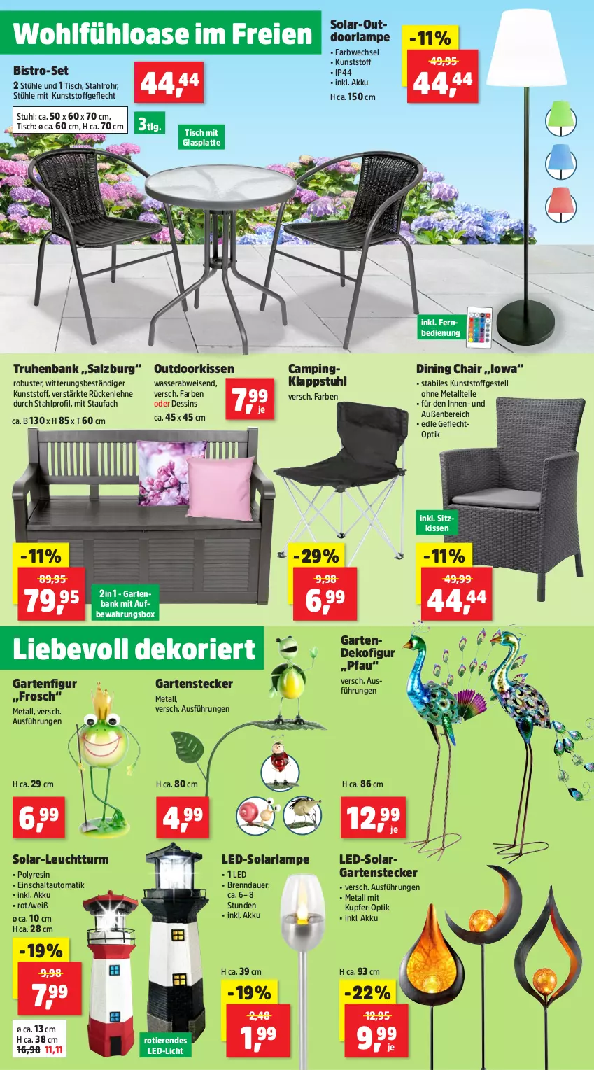 Aktueller Prospekt Thomas Philipps - von 02.04 bis 06.04.2024 - strona 8 - produkty: akku, arla, auer, aufbewahrungsbox, auto, Bank, Dekofigur, eis, fernbedienung, Frosch, Garten, glasplatte, kissen, klappstuhl, kunststoffgeflecht, Lampe, latte, led-licht, LG, Pfau, rückenlehne, salz, Schal, sitzkissen, solarlampe, stuhl, Stühl, Ti, Tiere, tisch, wasser