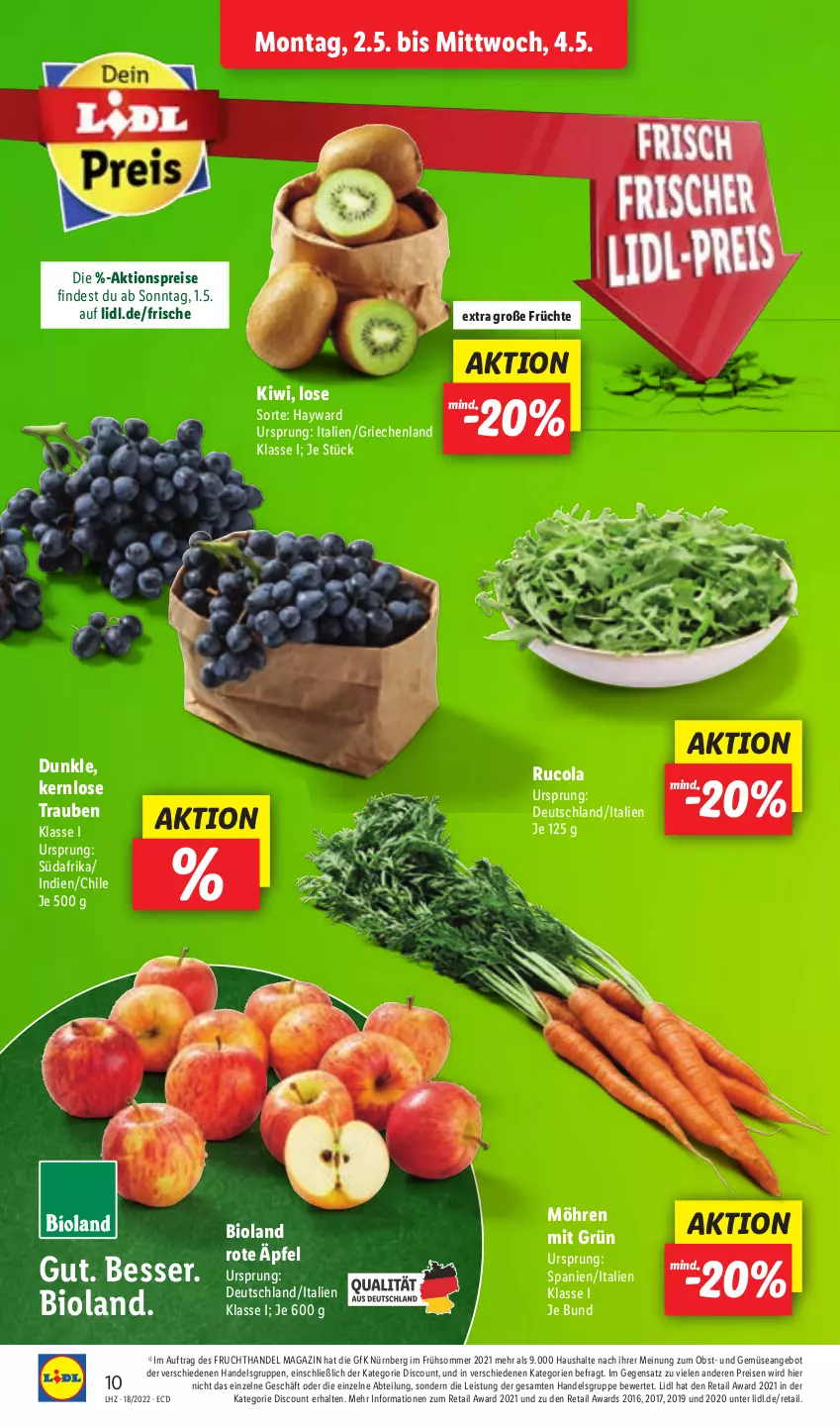 Aktueller Prospekt Lidl - Aktionsprospekt - von 02.05 bis 07.05.2022 - strona 10 - produkty: Abtei, aktionspreis, angebot, bio, bioland, cola, discount, eis, frucht, früchte, kiwi, magazin, möhren, obst, reis, rucola, Ti, trauben, und gemüse