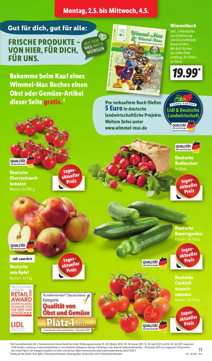 Aktueller Prospekt Lidl - Aktionsprospekt - von 02.05 bis 07.05.2022 - strona 11 - produkty: auer, Bau, Bauer, beko, buch, cocktail, cocktails, discount, eis, elle, gurke, gurken, lebensmittel, monitor, obst, Obst und Gemüse, pril, radieschen, Rauch, reis, strauchtomaten, Ti, tomate, tomaten, und gemüse