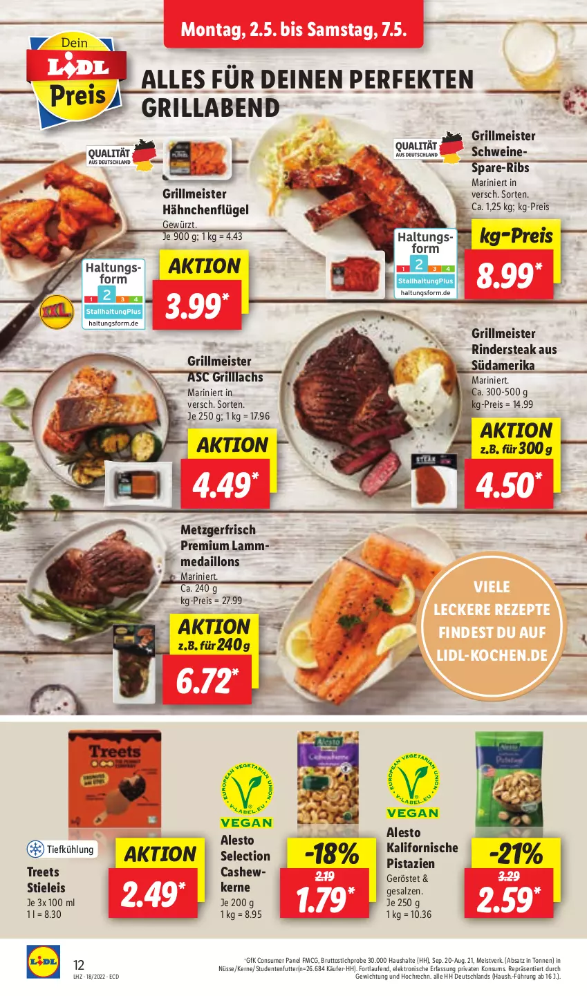 Aktueller Prospekt Lidl - Aktionsprospekt - von 02.05 bis 07.05.2022 - strona 12 - produkty: alesto, brut, Cashew, eis, Elektro, ente, gewürz, grill, hähnchenflügel, HP, lachs, lamm, Laufen, medaillons, Meister, pistazien, reis, rezept, rezepte, rind, rinder, Rindersteak, salz, schwein, schweine, steak, stieleis, studentenfutter, Ti, wein, weine