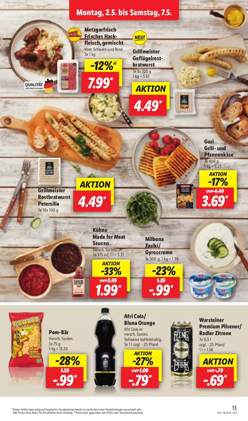 Aktueller Prospekt Lidl - Aktionsprospekt - von 02.05 bis 07.05.2022 - strona 13 - produkty: Afri Cola, angebot, Bona, bratwurst, cola, creme, eis, fleisch, Geflügel, grill, gyros, hackfleisch, Käse, Kühne, Meister, Milbona, orange, petersilie, pfanne, pfannen, pfannenkäse, pils, pilsener, pom-bär, preisvorteil, premium pils, radler, reis, rind, rostbratwurst, sauce, saucen, schwein, schwein und rind, steiner, Ti, und pfanne, vom schwein und rind, warsteiner, wein, wurst, zaziki, zitrone, ZTE