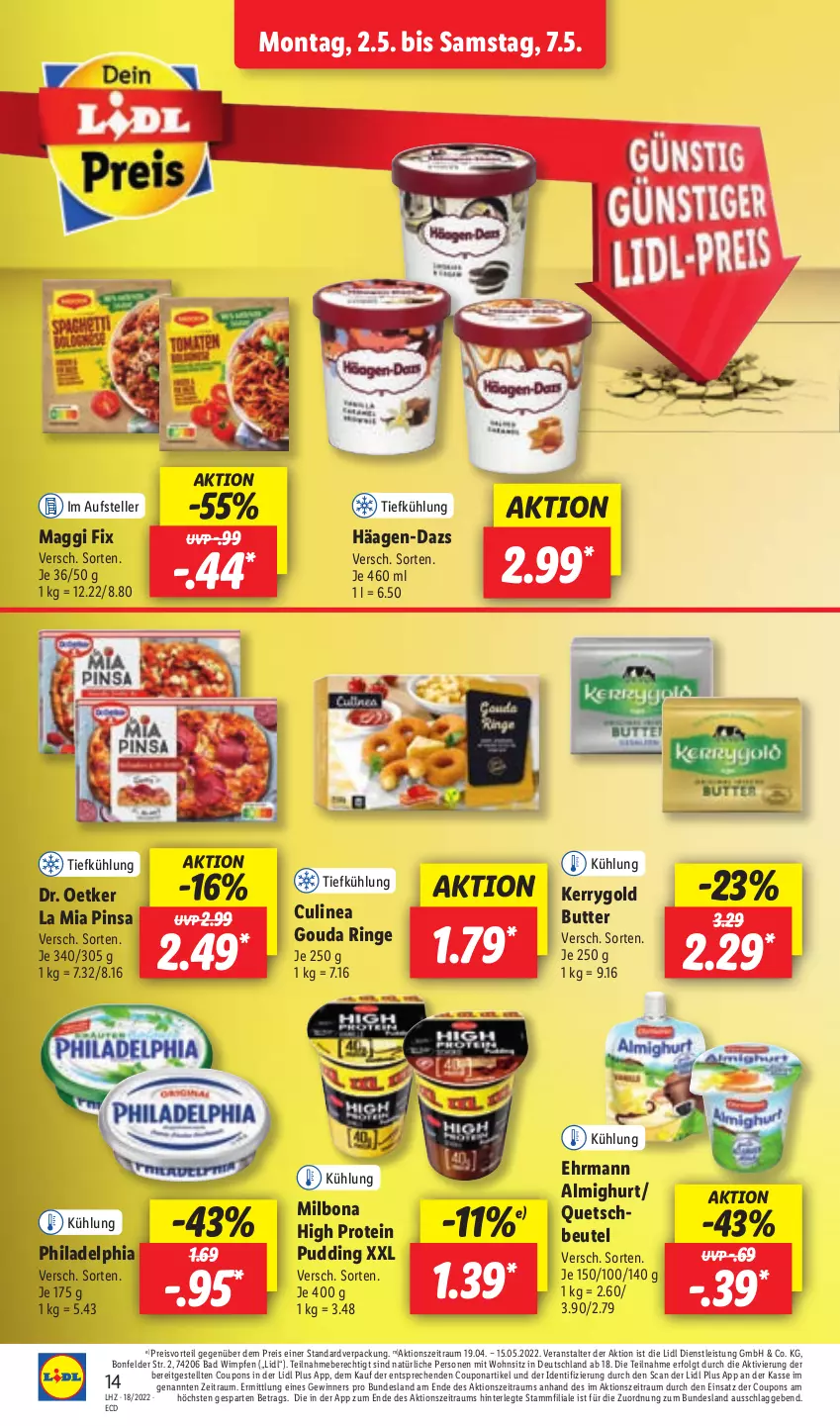 Aktueller Prospekt Lidl - Aktionsprospekt - von 02.05 bis 07.05.2022 - strona 14 - produkty: almighur, almighurt, Bad, beutel, Bona, butter, coupon, coupons, Dr. Oetker, ehrmann, ehrmann almighurt, eis, elle, gouda, kerrygold, LG, maggi, maggi fix, Milbona, philadelphia, preisvorteil, pudding, reis, ring, teller, Ti