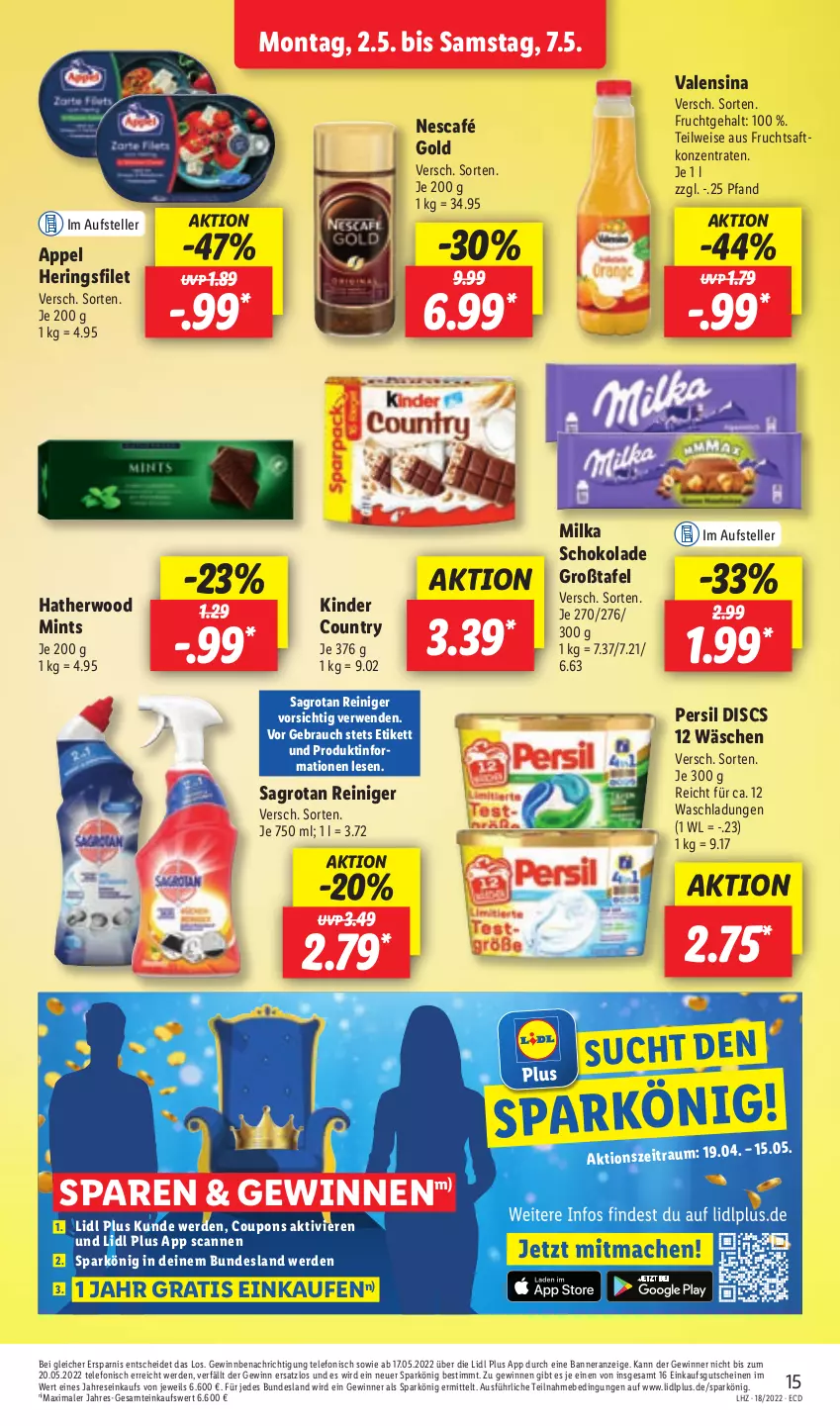 Aktueller Prospekt Lidl - Aktionsprospekt - von 02.05 bis 07.05.2022 - strona 15 - produkty: coupon, coupons, eis, elle, erde, filet, frucht, fruchtsaft, gutschein, gutscheine, hering, Herings, Kinder, kinder country, milka, milka schokolade, mint, Nescafé, nescafé gold, persil, Rauch, reiniger, ring, rwe, saft, sagrotan, schoko, schokolade, telefon, teller, Ti, valensina