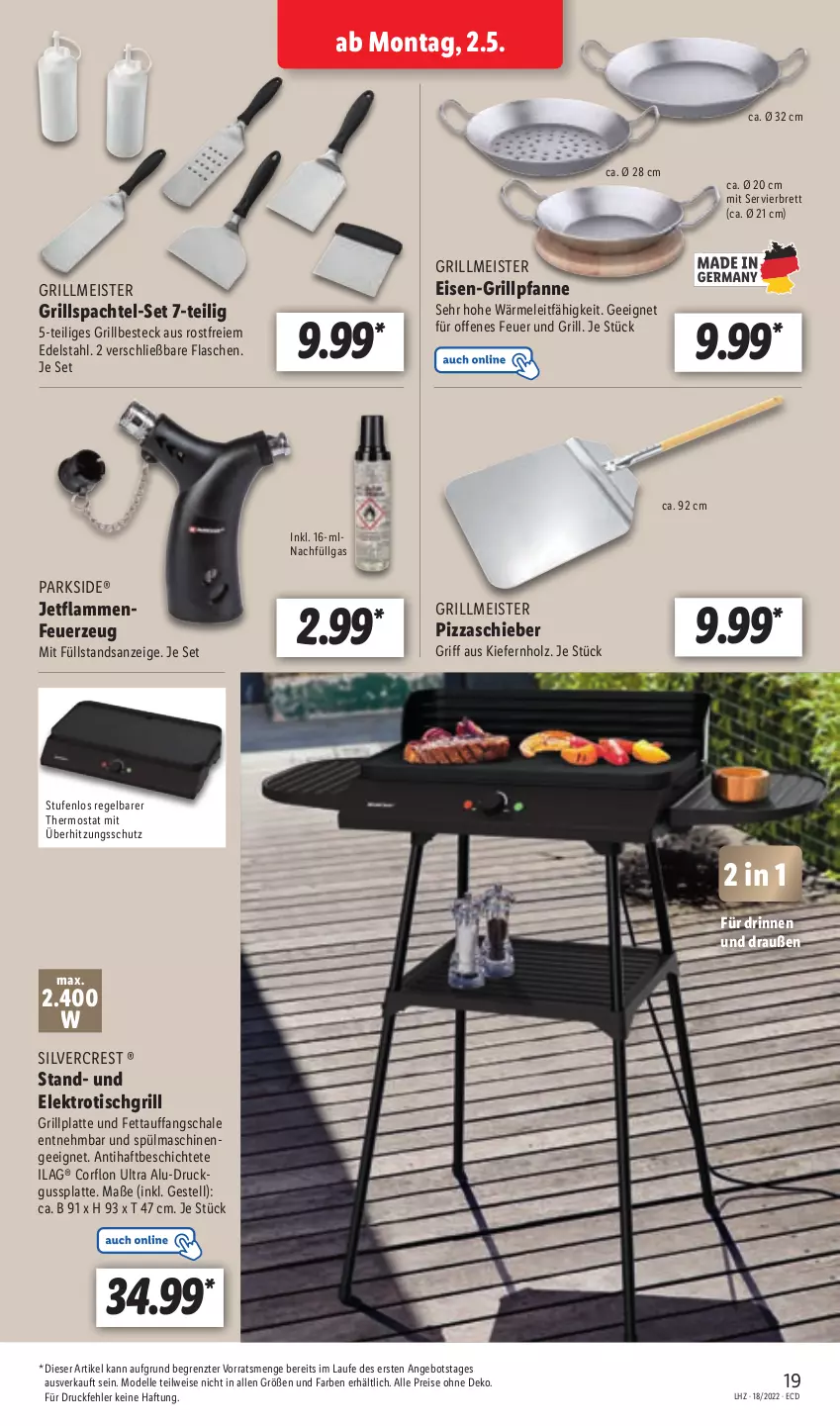 Aktueller Prospekt Lidl - Aktionsprospekt - von 02.05 bis 07.05.2022 - strona 19 - produkty: angebot, besteck, dell, edelstahl, eis, Elektro, elle, Feuerzeug, flasche, grill, Grillpfanne, grillplatte, Holz, ilag, lamm, latte, LG, Meister, Mode, Parkside, pfanne, pizza, reis, Schal, Schale, silvercrest, spachtel, spülmaschinen, thermostat, Ti, tisch, tischgrill, überhitzungsschutz, ZTE