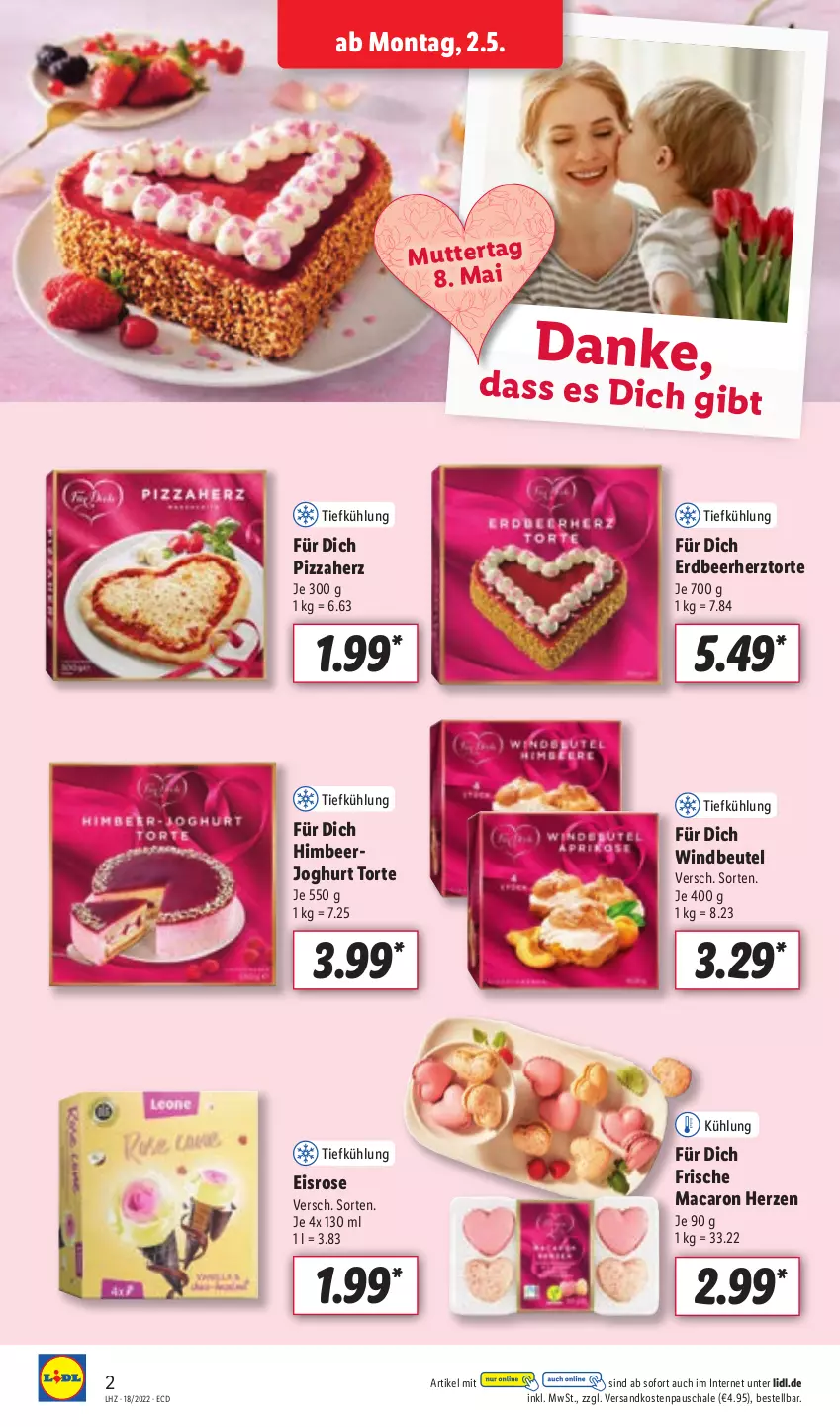 Aktueller Prospekt Lidl - Aktionsprospekt - von 02.05 bis 07.05.2022 - strona 2 - produkty: beutel, eis, himbeer, joghur, joghurt, mac, ndk, pizza, Schal, Schale, Ti, torte, Windbeutel