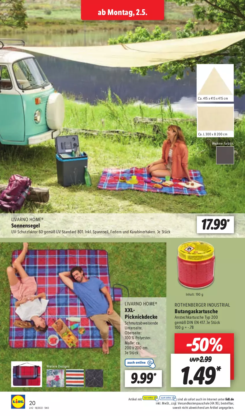 Aktueller Prospekt Lidl - Aktionsprospekt - von 02.05 bis 07.05.2022 - strona 20 - produkty: Berger, decke, eis, ndk, picknickdecke, Ria, Schal, Schale, sonnensegel, Ti, uv-schutz