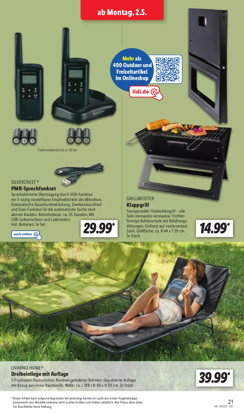 Aktueller Prospekt Lidl - Aktionsprospekt - von 02.05 bis 07.05.2022 - strona 21 - produkty: angebot, auer, auto, batterie, batterien, Bau, baumwolle, dell, eis, elle, grill, grillfläche, grillrost, Holz, holzkohle, Liege, Meister, Mode, reis, Schal, Schale, silvercrest, Sport, Ti, tisch, usb, wolle, ZTE