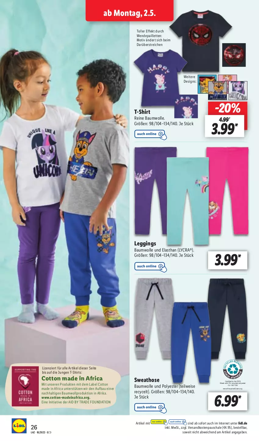 Aktueller Prospekt Lidl - Aktionsprospekt - von 02.05 bis 07.05.2022 - strona 26 - produkty: Bau, baumwolle, eis, gin, hose, leggings, ndk, pailletten, reine baumwolle, Schal, Schale, shirt, shirts, Sweathose, T-Shirt, Ti, wendepailletten, wolle