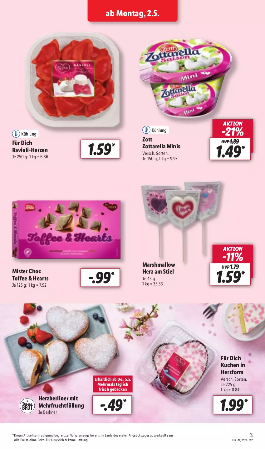 Aktueller Prospekt Lidl - Aktionsprospekt - von 02.05 bis 07.05.2022 - strona 3 - produkty: angebot, berliner, brot, eis, frucht, geback, kuchen, mars, ravioli, reis, rel, Ti, zott, zottarella, zottarella minis, ZTE