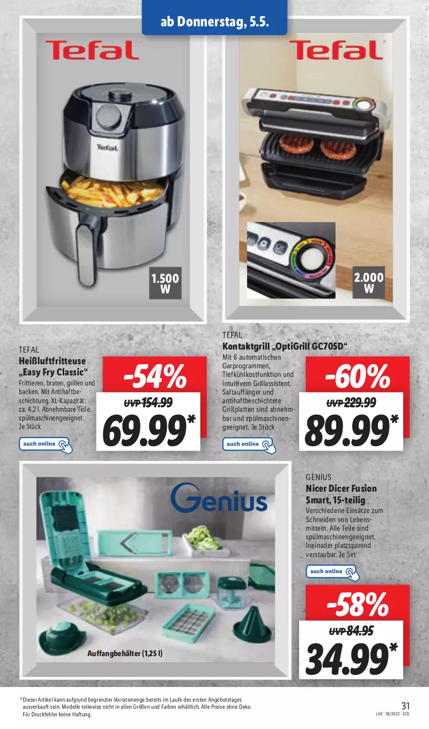 Aktueller Prospekt Lidl - Aktionsprospekt - von 02.05 bis 07.05.2022 - strona 31 - produkty: angebot, auto, Behälter, braten, dell, eis, elle, fritteuse, grill, grillplatte, Heißluftfritteuse, kontaktgrill, latte, Mode, reis, saft, spülmaschinen, tefal, Ti, tiefkühlkost, Tiere, tisch, ZTE