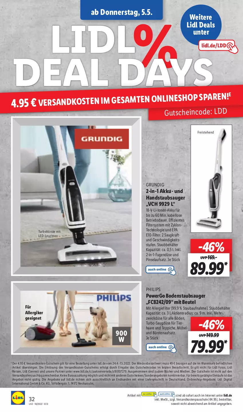 Aktueller Prospekt Lidl - Aktionsprospekt - von 02.05 bis 07.05.2022 - strona 32 - produkty: akku, angebot, angebote, auer, Bau, Behälter, beutel, bodenstaubsauger, bürste, bürsten, eis, ente, grundig, gutschein, gutscheine, handstaubsauger, korb, kraft, LED-Leuchte, Leuchte, leuchten, LG, möbel, ndk, Philips, Pinsel, reis, Schal, Schale, staubsauger, teppich, teppiche, Ti, weck, ZTE