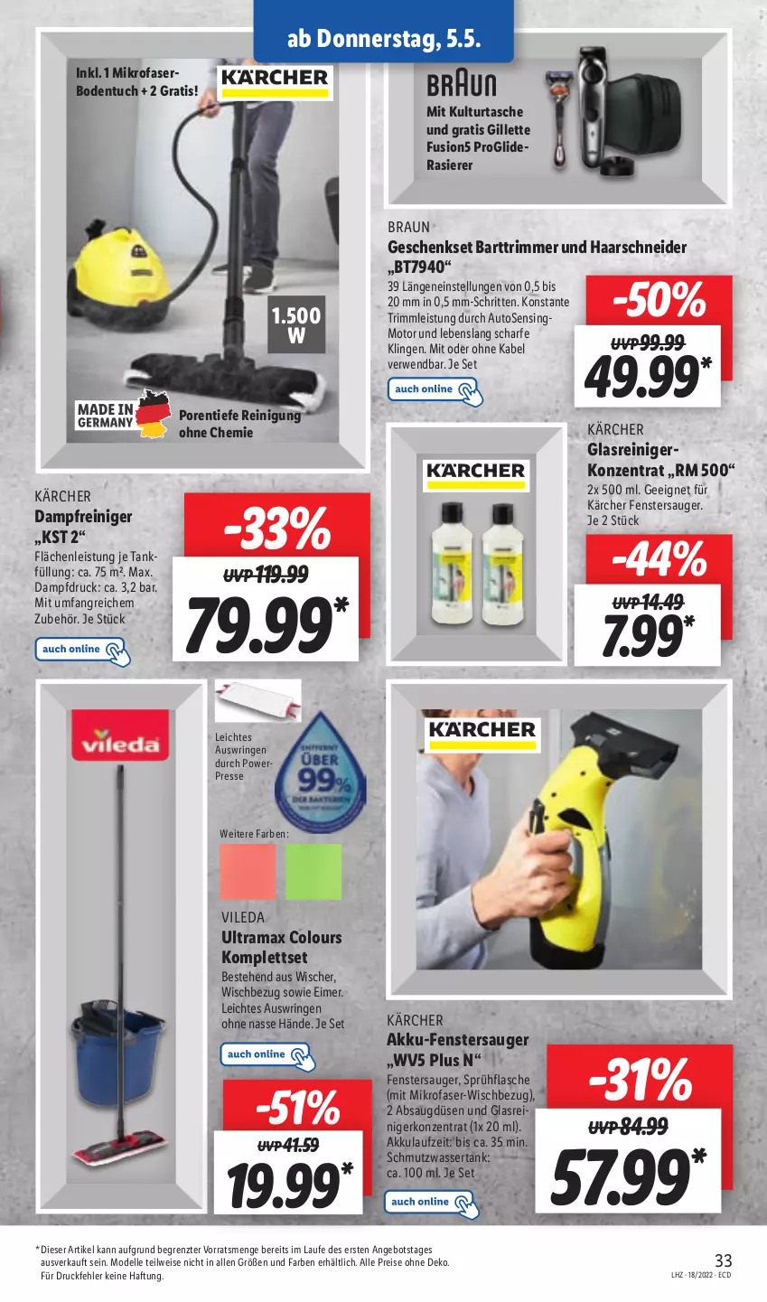 Aktueller Prospekt Lidl - Aktionsprospekt - von 02.05 bis 07.05.2022 - strona 33 - produkty: akku, angebot, auto, braun, dampfreiniger, dell, eimer, eis, elle, fenster, fenstersauger, flasche, fusion5, geschenkset, gillette, Glasreiniger, haarschneider, Kärcher, mikrofaser, Mode, rama, rasierer, reiniger, Reinigung, reis, ring, rwe, sprühflasche, Tasche, Ti, tuc, vileda, wasser, wassertank, ZTE