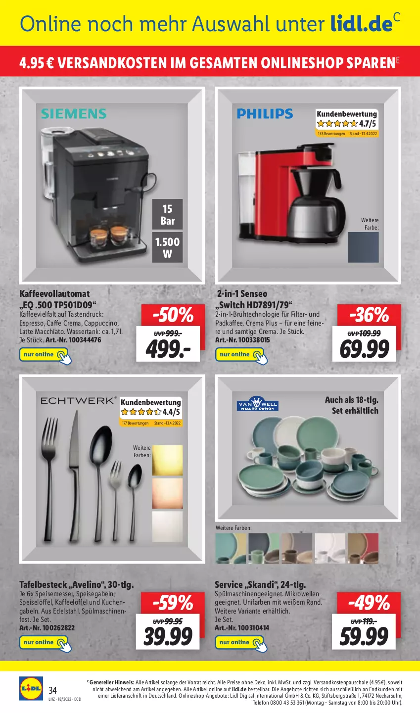 Aktueller Prospekt Lidl - Aktionsprospekt - von 02.05 bis 07.05.2022 - strona 34 - produkty: ACC, angebot, angebote, auto, besteck, caffe, Cap, cappuccino, chia, cin, edelstahl, eis, elle, espresso, gabel, kaffee, kaffeevollautomat, kuchen, latte, latte macchiato, LG, Löffel, mac, macchiato, messer, mikrowelle, ndk, reis, rel, Ria, Schal, Schale, senseo, spülmaschinen, telefon, Ti, uhr, wasser, wassertank