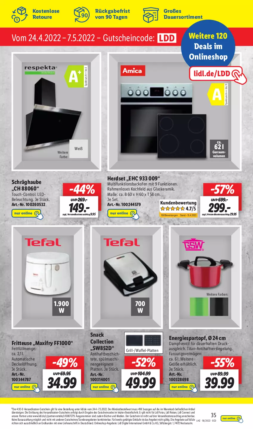 Aktueller Prospekt Lidl - Aktionsprospekt - von 02.05 bis 07.05.2022 - strona 35 - produkty: angebot, angebote, auer, auto, backofen, beleuchtung, decke, Deckel, eis, fritteuse, garraum, glaskeramik, grill, gutschein, gutscheine, herdset, kochfeld, korb, latte, LG, ndk, Ofen, reis, rum, schräghaube, snack, Spektrum, spülmaschinen, Ti, tisch, topf, ZTE