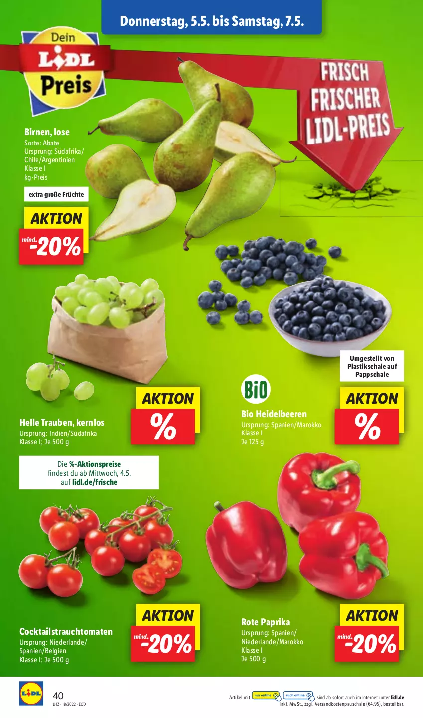 Aktueller Prospekt Lidl - Aktionsprospekt - von 02.05 bis 07.05.2022 - strona 42 - produkty: aktionspreis, asti, beere, beeren, bio, Birnen, cocktail, cocktails, eis, elle, früchte, heidelbeere, heidelbeeren, LG, ndk, paprika, Rauch, reis, Schal, Schale, strauchtomaten, Ti, tomate, tomaten, trauben